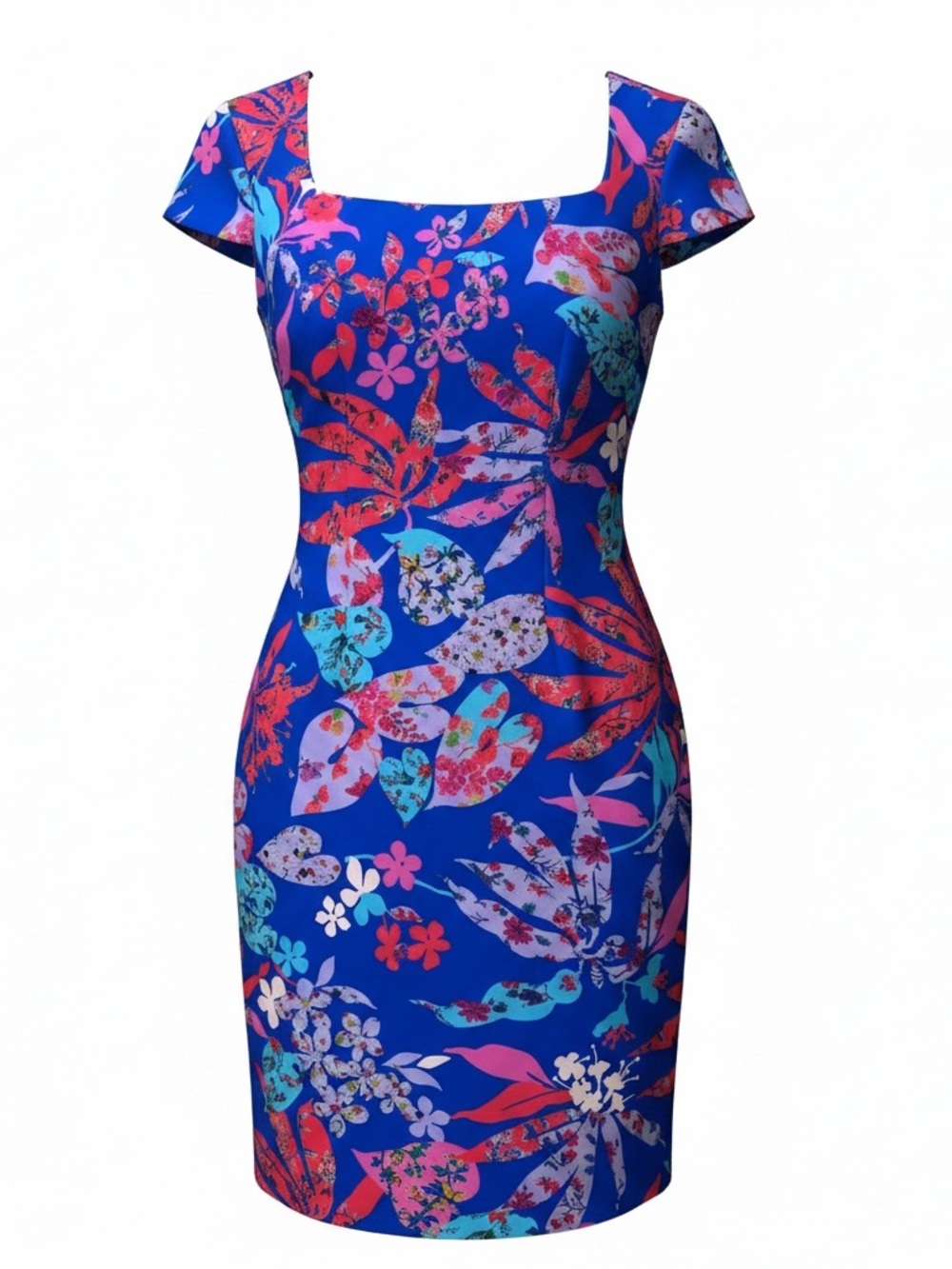 David Meister Tropical Floral Sheath Dress Size 6 Square Neck Cap Sleeve